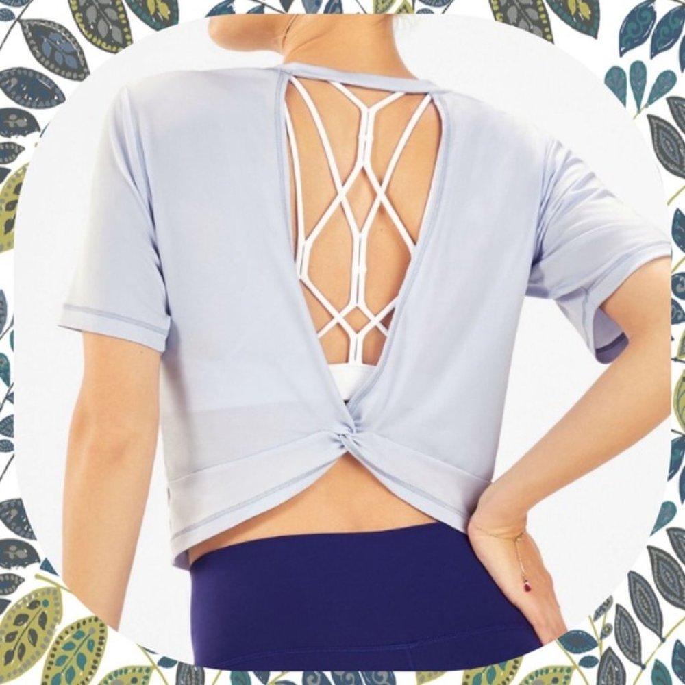 FABLETICS Pia Powertouch Light Twist Back Tee, Light Blue, Size Small